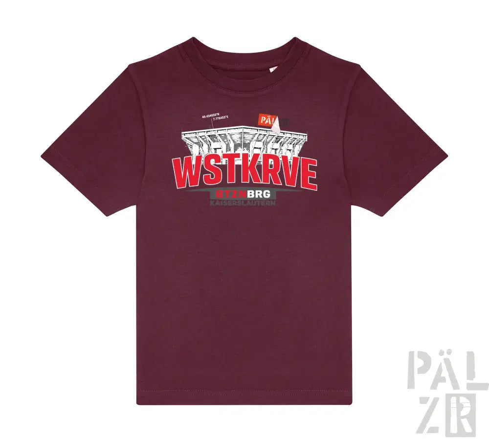 Kinder t-shirt maroon kurzarm mit auffälligem rot weißem stadion grafik wstkrve schriftzug vorne