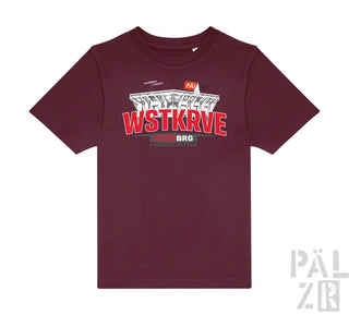 Kinder t-shirt maroon kurzarm mit auffälligem rot weißem stadion grafik wstkrve schriftzug vorne