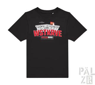Kinder t-shirt schwarz mit kurzem arm und rotem weißem graphic vom kaiserslautern stadion mit wstkrve schriftzug