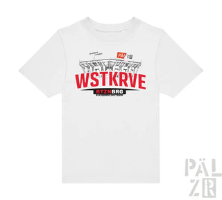 Weißes kurzarm kinder t-shirt mit rotem und schwarzem wstkrve stadion grafik und btznbrg schriftzug