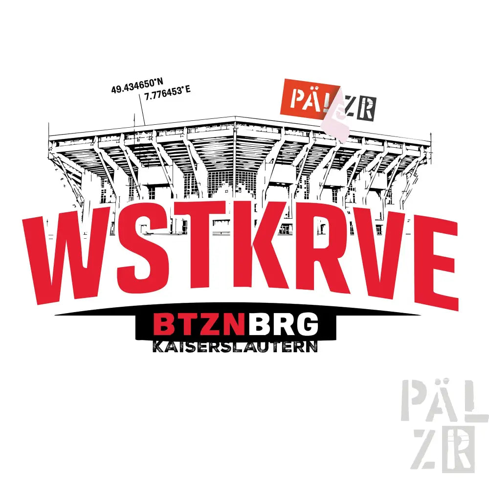 Kinder t-shirt mit rotem und schwarzem wstkrvve logo und stilisiertem stadion in verschiedenen farben