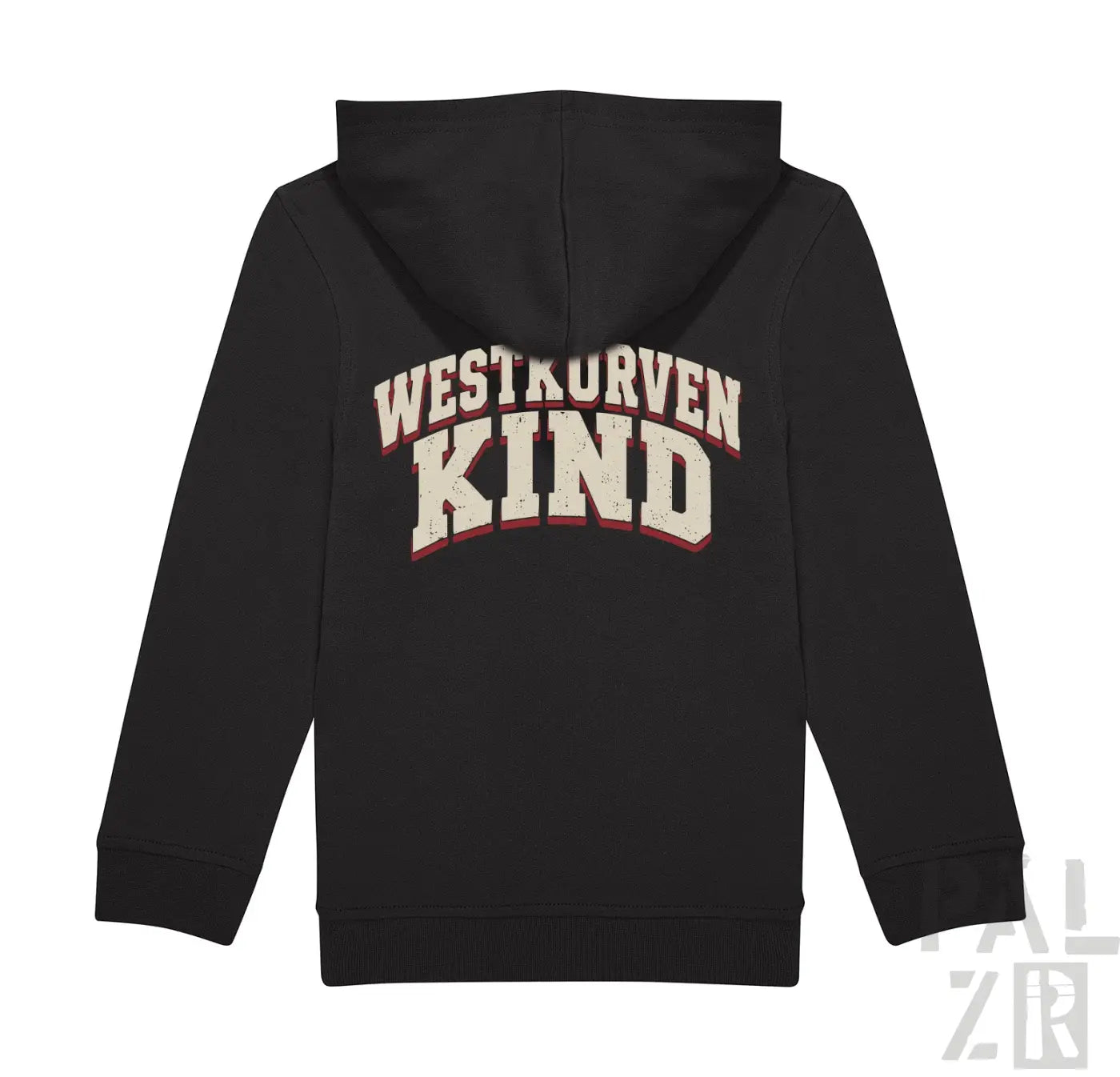Schwarzer kinder zip-up hoodie mit westkurvenkind print in abgenutztem weiß und rot auf der rückseite