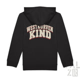 Schwarzer kinder zip-up hoodie mit westkurvenkind print in abgenutztem weiß und rot auf der rückseite