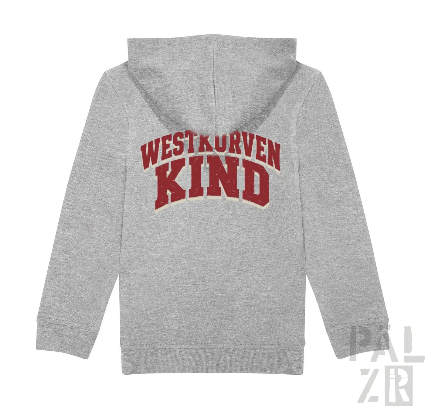 Gray heathered zip-up hoodie for kids with bold red and cream westkurvenkind lettering on the back