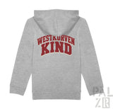 Gray heathered zip-up hoodie for kids with bold red and cream westkurvenkind lettering on the back