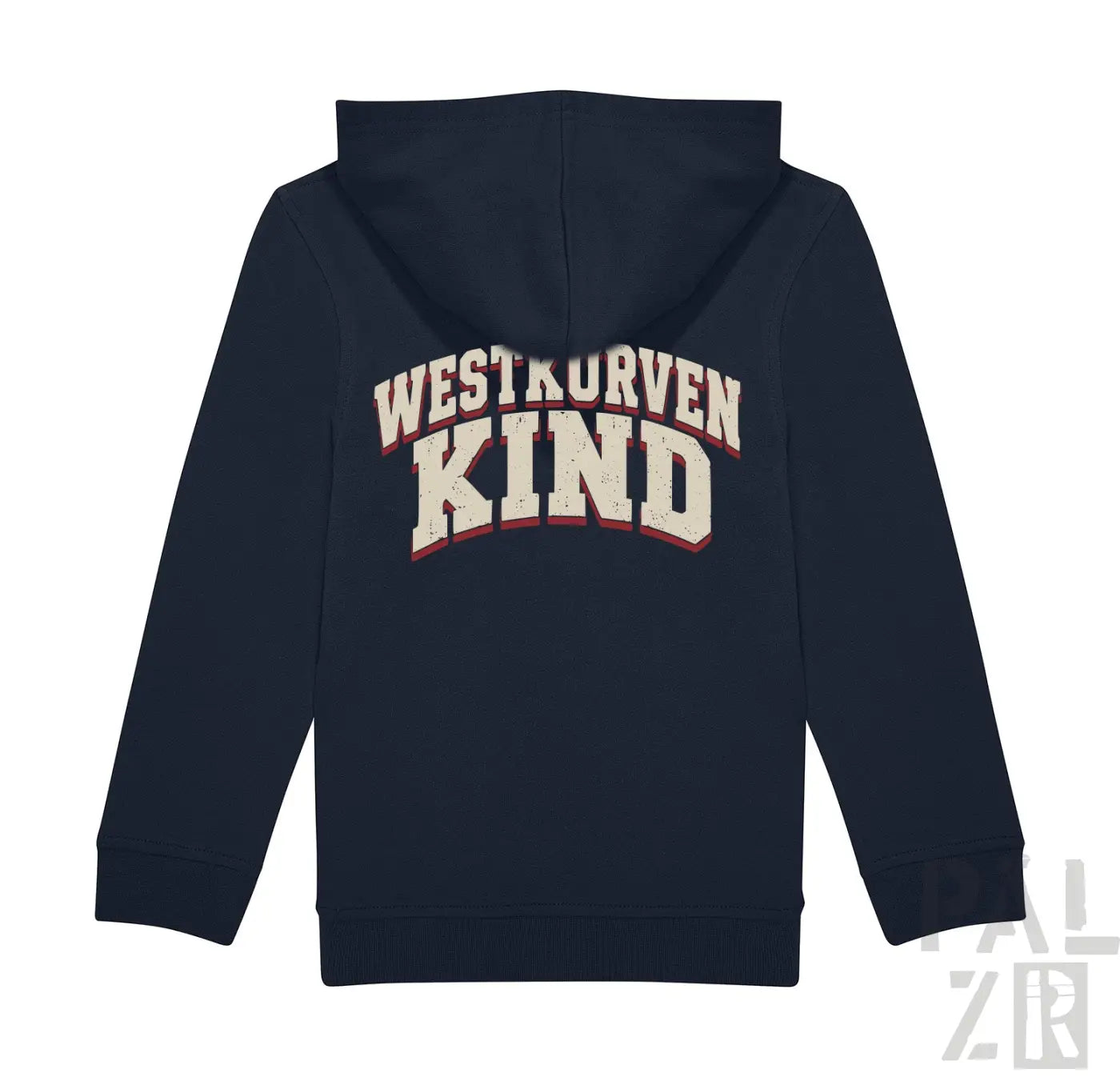 Navyblaue kinder zip-up hoodie mit westkurven kind print in verwaschenem weiß und rot auf der rückseite