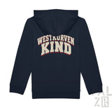 Navyblaue kinder zip-up hoodie mit westkurven kind print in verwaschenem weiß und rot auf der rückseite