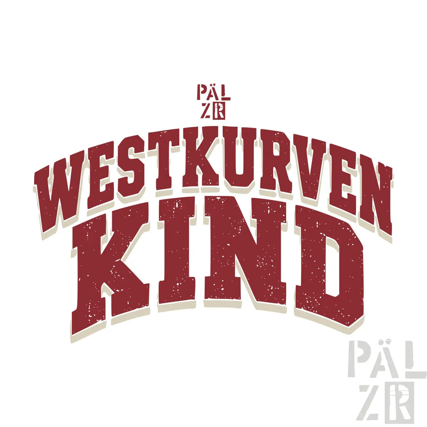 Maroon kinder zipper mit distressed westkurvenkind logo in bold arched typografie und päl zr oberhalb