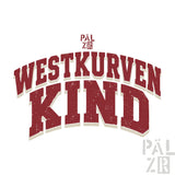 Maroon kinder zipper mit distressed westkurvenkind logo in bold arched typografie und päl zr oberhalb