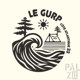 Schwarzer Zeltsticker mit Baum- und Sonnendesign auf weißem Hintergrund.