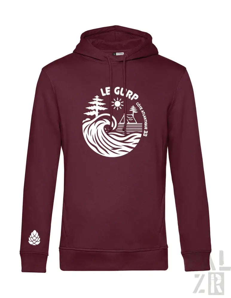 Bordeaux-Farbenes Hoodie mit weißem Wellen- und Baumdesign, Text ’le glrp’, Zapfen-Logo am Ärmel.