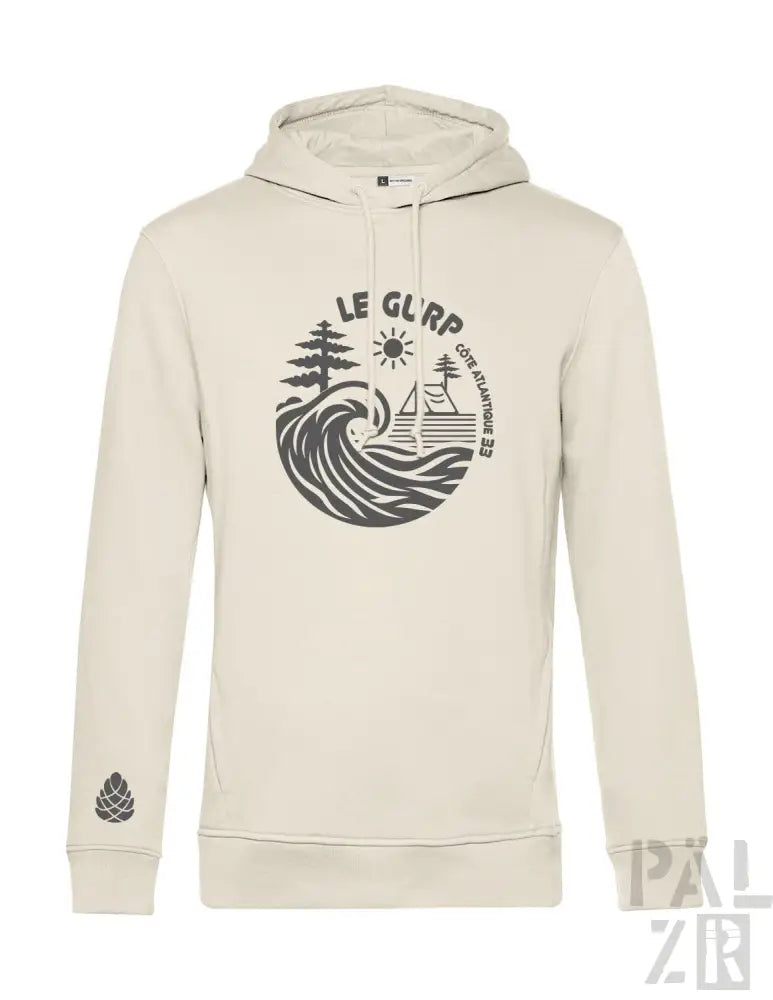 Cremeweißer Hoodie mit schwarzem Wellen- und Baumdesign, ’le gulp’ Text.