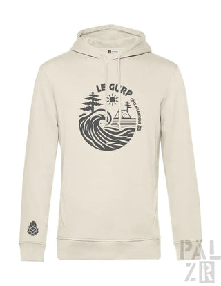 Cremeweißer Hoodie mit schwarzem Wellen- und Baumdesign, ’le gulp’ Text.