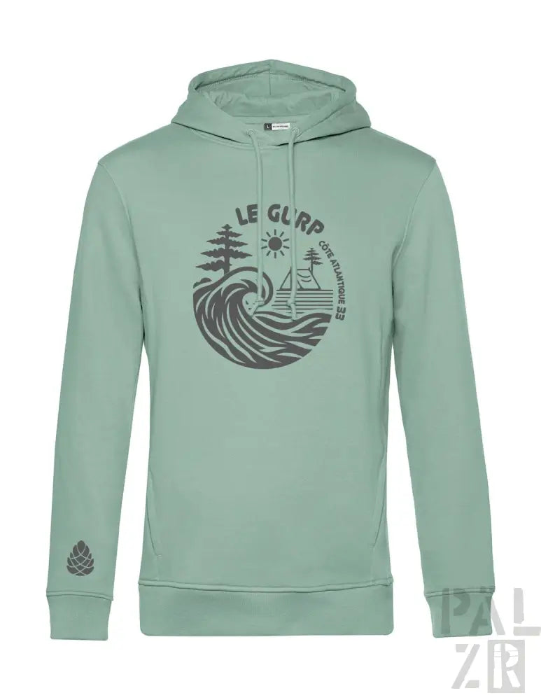 Minzgrüner Hoodie mit Wellen- und Baumdesign, Material aus Bio-Baumwolle.
