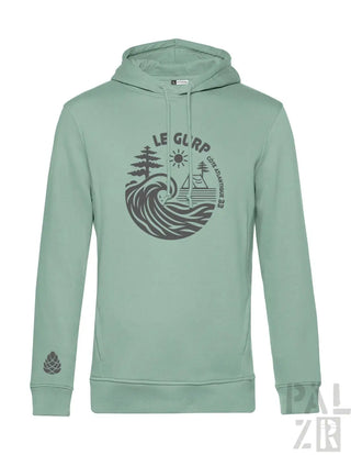 Minzgrüner Hoodie mit Wellen- und Baumdesign, Material aus Bio-Baumwolle.