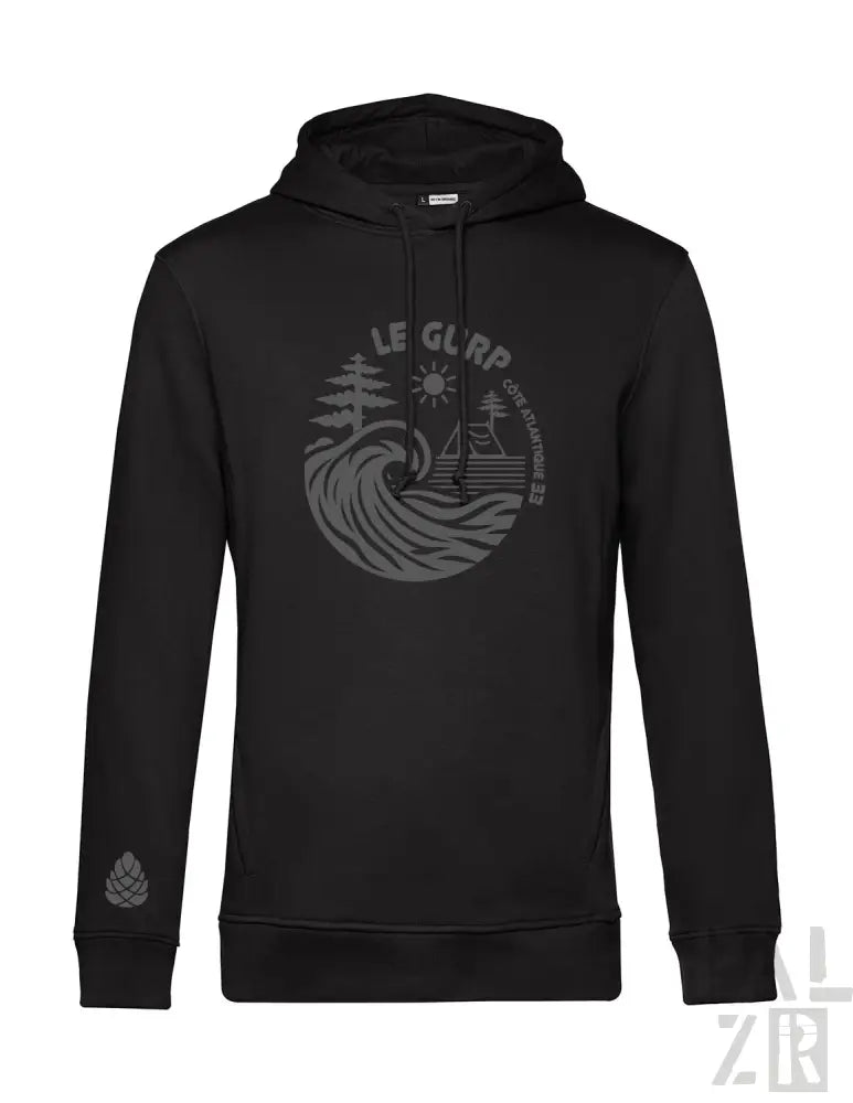 Schwarzer Hoodie mit Wellen-Design und Kieferbaum-Motiv, aus Baumwollmischgewebe.