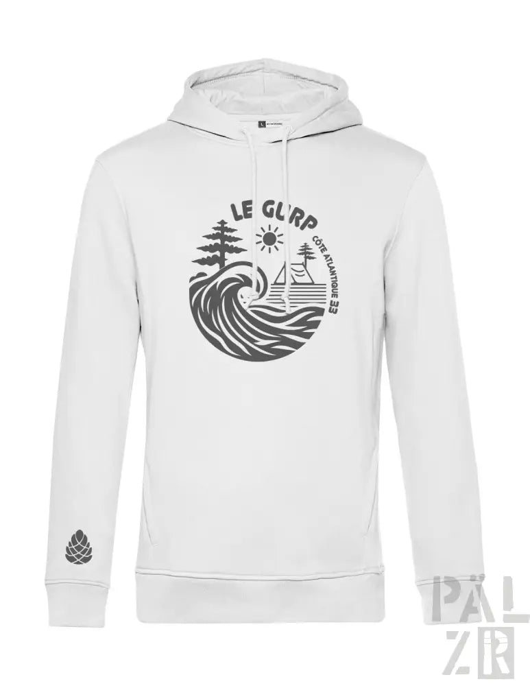 Weiße Kapuzenjacke mit Wellendesign und ’le curp’ Logo.