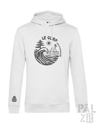 Weiße Kapuzenjacke mit Wellendesign und ’le curp’ Logo.