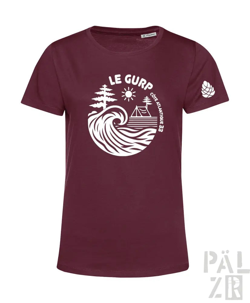 Burgunderfarbene Bio-Baumwoll-T-Shirt mit weißer Welle und Camping-Design, ’le gurp’ Logo.