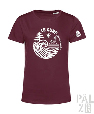 Burgunderfarbene Bio-Baumwoll-T-Shirt mit weißer Welle und Camping-Design, ’le gurp’ Logo.