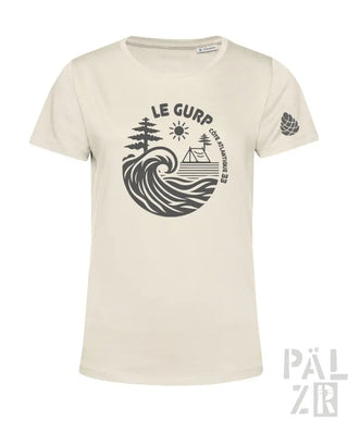 Cremeweißes T-Shirt mit grafischem Wellen-Design und ’le gurp’-Text, mit einem kleinen Blatt-Emblem auf dem Ärmel.