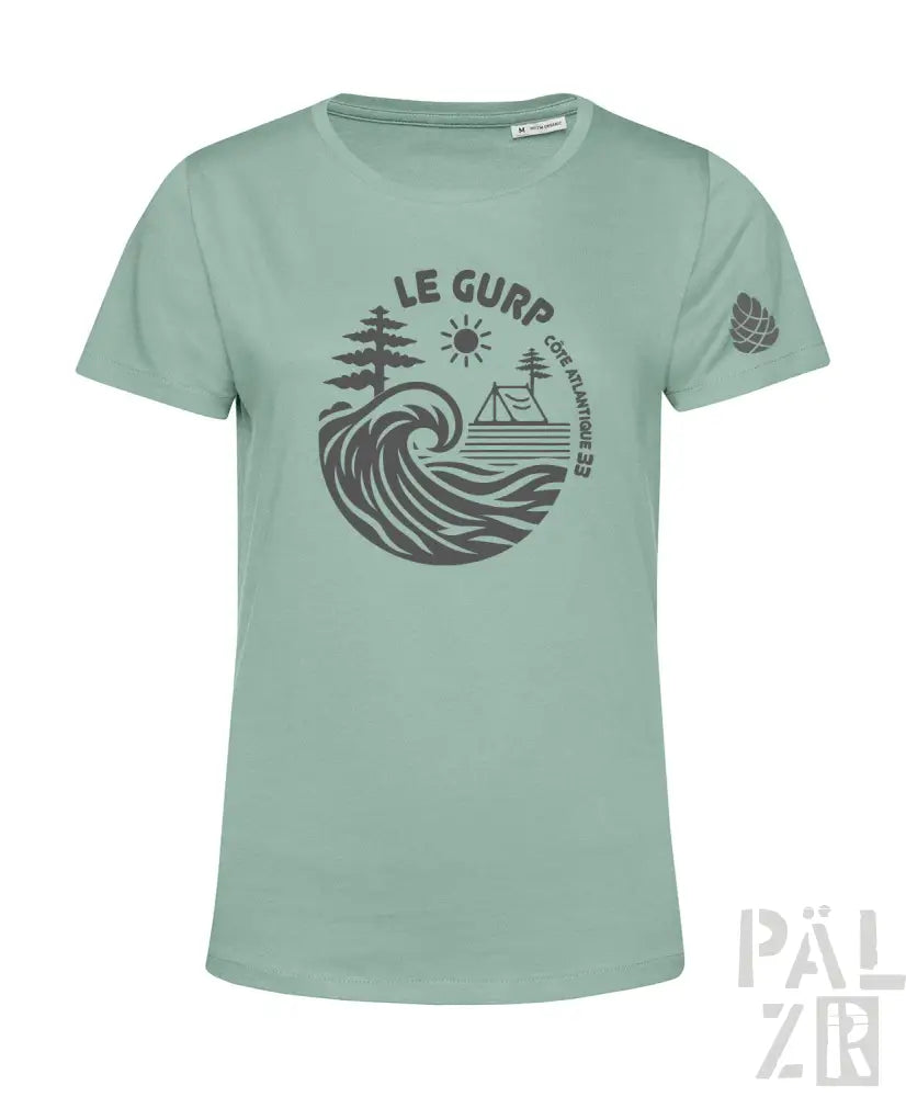Minzgrünes T-Shirt aus Bio-Baumwolle mit Wellengrafik und ’le gurn’-Text.