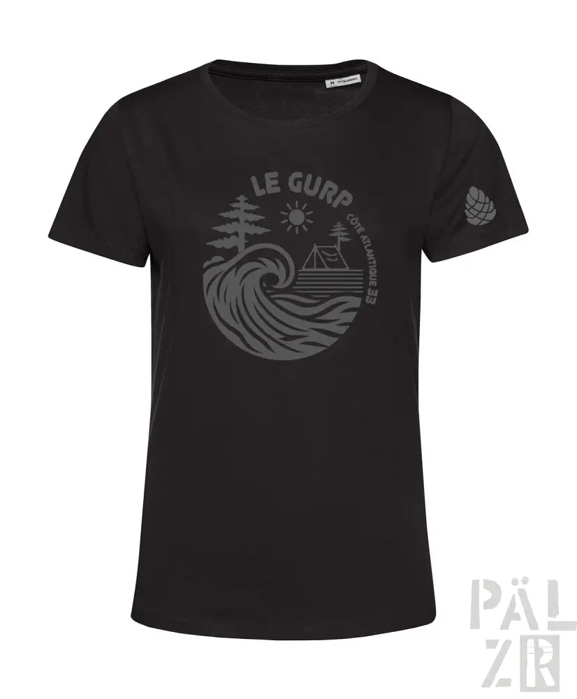 Schwarzes T-Shirt mit Wellen-Design und ’le gurp’-Text, Bio-Baumwolle.
