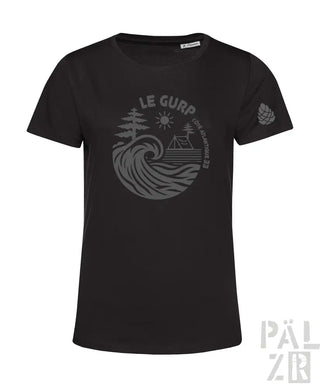 Schwarzes T-Shirt mit Wellen-Design und ’le gurp’-Text, Bio-Baumwolle.