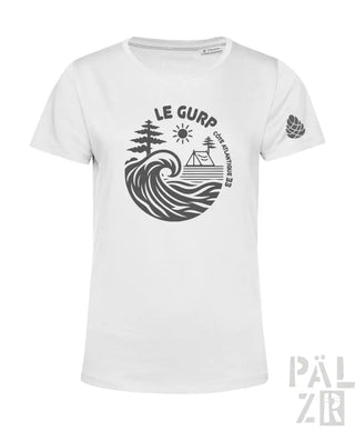 Weißes T-Shirt mit schwarzem Wellendesign und Text „le gurp“ auf der Vorderseite, Palmenbaum-Logo am Ärmel.