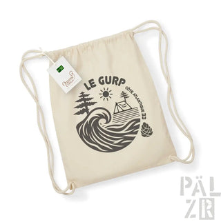 Natürliche Farbe Tragetasche mit Kordelzug und ’le gurp’-Logo und Wellendesign, hergestellt aus Bio-Baumwolle.