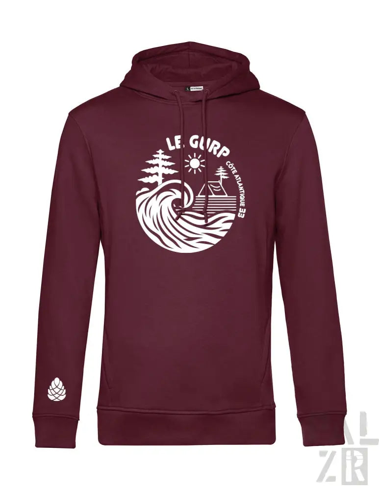 Bordeaux-Farbenes Hoodie mit weißer Wellen- und Haus-Design, ’le glurp’ Text