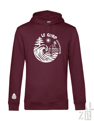 Bordeaux-Farbenes Hoodie mit weißer Wellen- und Haus-Design, ’le glurp’ Text