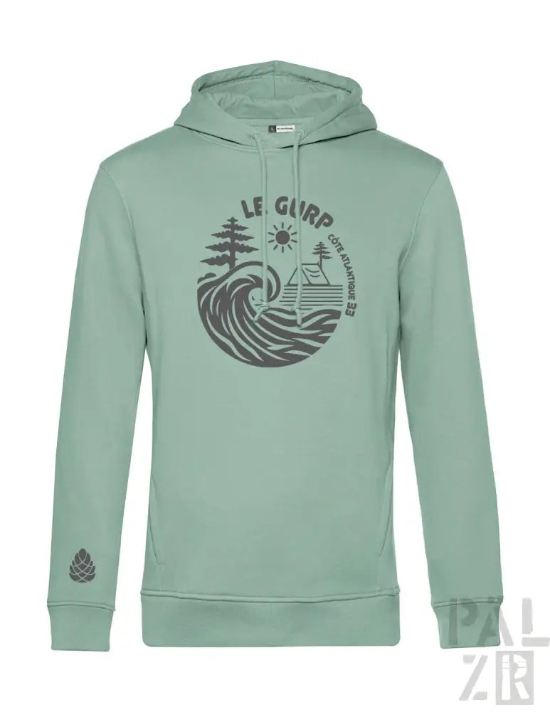 Minzgrüner Hoodie mit Wellen- und Baumdesign, Material aus Bio-Baumwolle.