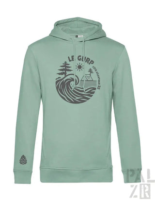 Minzgrüner Hoodie mit Wellen- und Baumdesign, Material aus Bio-Baumwolle.