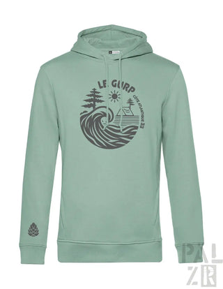 Minzgrüner Hoodie mit Wellen- und Baumdesign, Material aus Bio-Baumwolle.