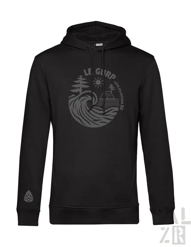 Schwarzer Hoodie mit Wellen- und Baumdesign, Text ’le glurp’.