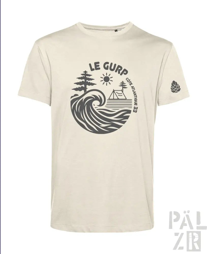 Cremeweißes T-Shirt mit schwarzem Wellen-Grafik und Camping-Elementen, mit dem Text ’le gurp’.