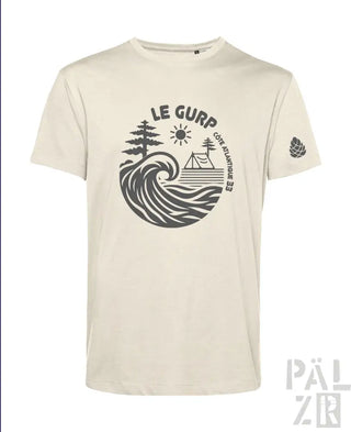 Cremeweißes T-Shirt mit schwarzem Wellen-Grafik und Camping-Elementen, mit dem Text ’le gurp’.