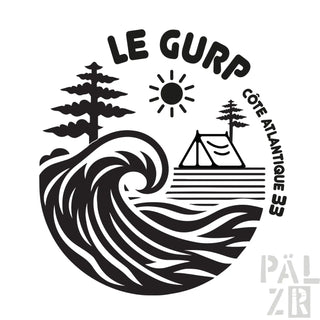 Schwarzer Zelt-Camping-Sticker mit weißer Welle und Bäumen-Design