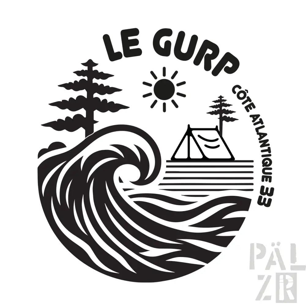 Schwarzer Zelt-Camping-Sticker mit weißer Welle und Bäumen Design