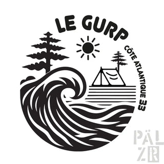 Schwarzer Zelt-Camping-Sticker mit weißer Welle und Bäumen Design