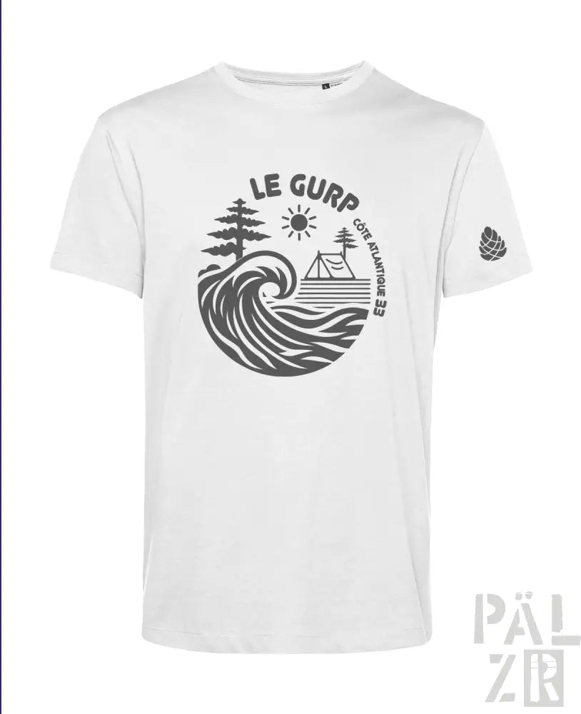 Weißes T-Shirt mit schwarzem Wellen- und Camping-Design, Baumwollmaterial.