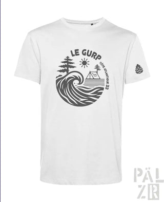 Weißes T-Shirt mit schwarzem Wellen- und Camping-Design, Baumwollmaterial.