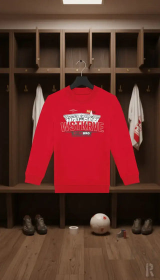 Ein roter langarm-pulli kinder mit weiß-schwarzem wstkrve grafikdesign in verschiedenen farben erhältlich