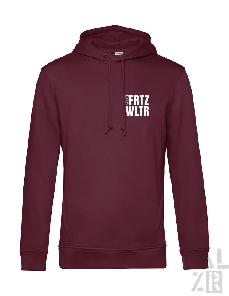 Bordeauxfarbene Hoodie mit weißem Text „fritz wltr“ und Kordelkapuze, aus weichem Baumwollmischgewebe.
