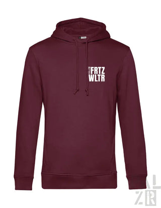Bordeauxfarbene Hoodie mit weißem Text „fritz wltr“ und Kordelkapuze, aus weichem Baumwollmischgewebe.