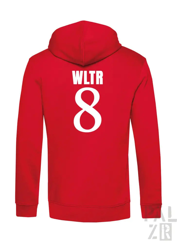 Roter Hoodie mit weißem „wltr 8“-Design auf dem Rücken, hergestellt aus einer Baumwolle- und Polyester-Mischung.
