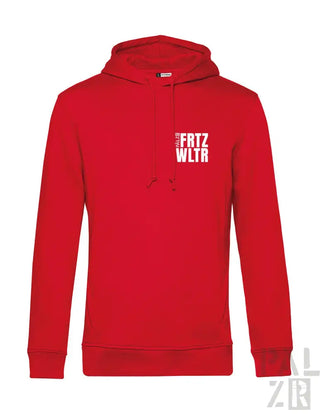 Roter Hoodie mit weißem Text und Logo-Design, wahrscheinlich aus Baumwolle oder Polyester-Mischung.