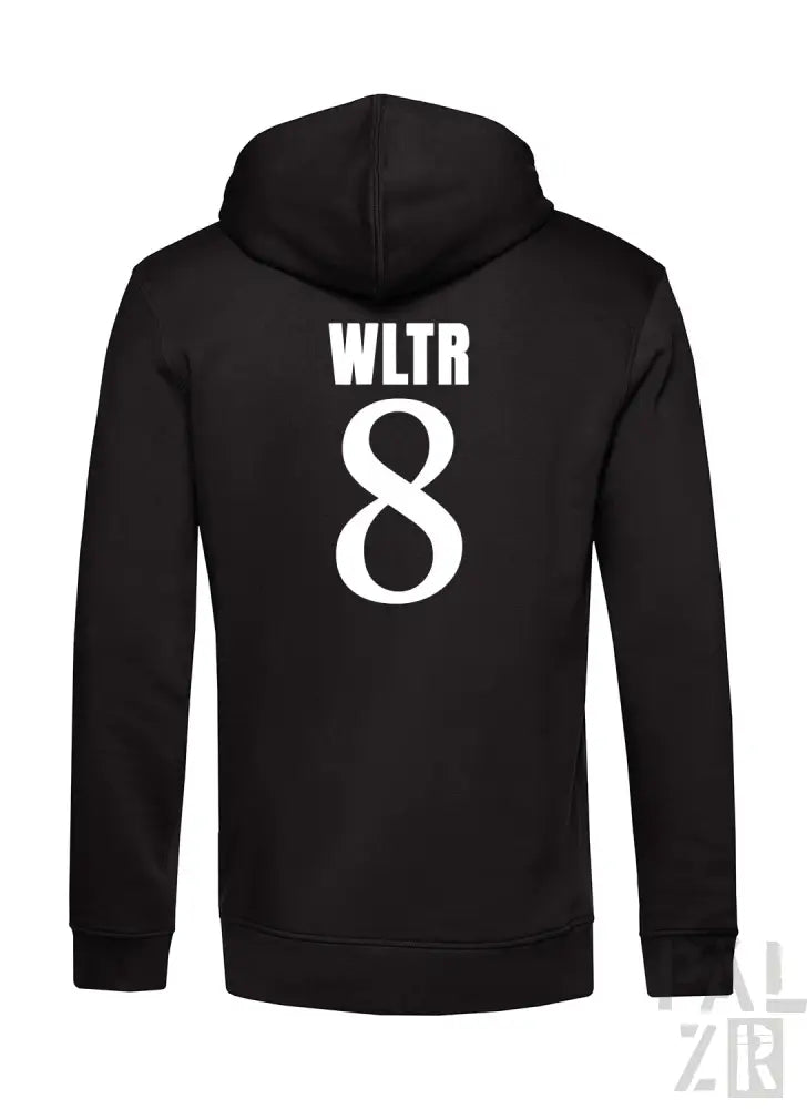 Schwarze Kapuzenjacke mit weißem ’wltr 8’’-Design auf dem Rücken.