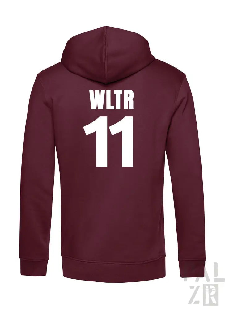 Bordeauxfarbene Hoodie mit weißem „wltr 11“-Design auf dem Rücken, aus einer Baumwoll- und Polyestermischung.